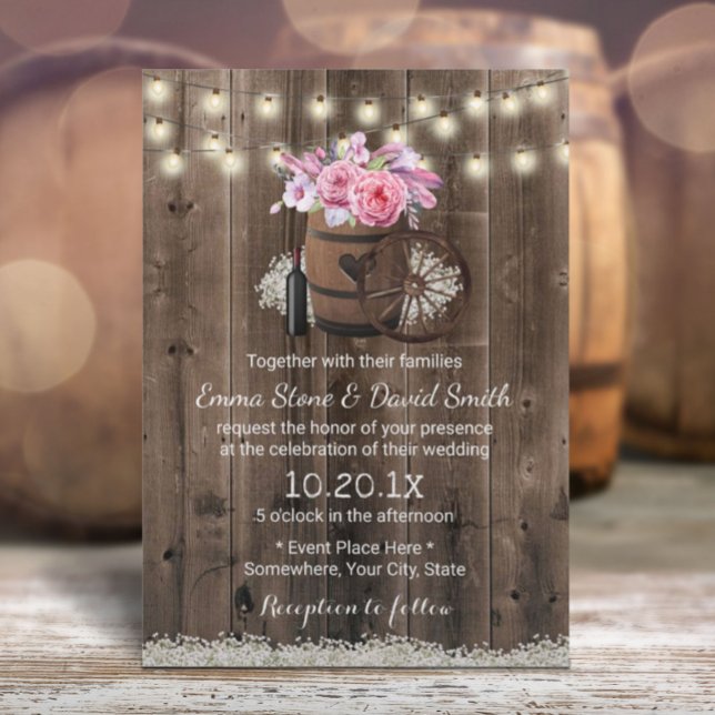 Invitación Boda Rústico de barril de madera floral del país (Subido por el creador)
