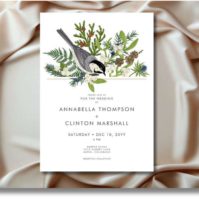 Invitación Boda Rústico de Bird & Pine Bouquet (Rustic Winter Bird & Pine Bouquet Wedding Invitation)