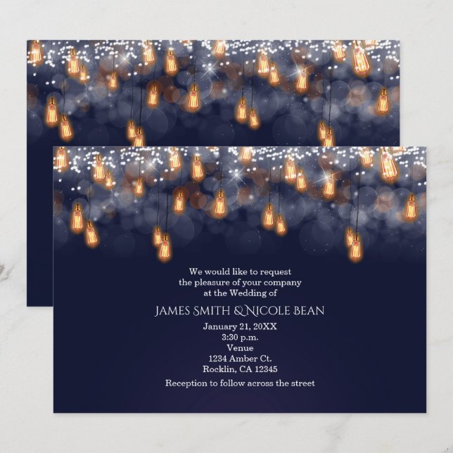 Invitación Boda Rústico de bombillas colgantes de época (Anverso / Reverso)