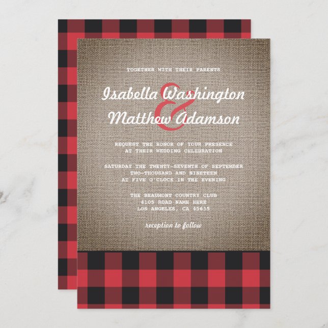 Invitación Boda Rústico de Buffalo Plaid & Burlap (Anverso / Reverso)