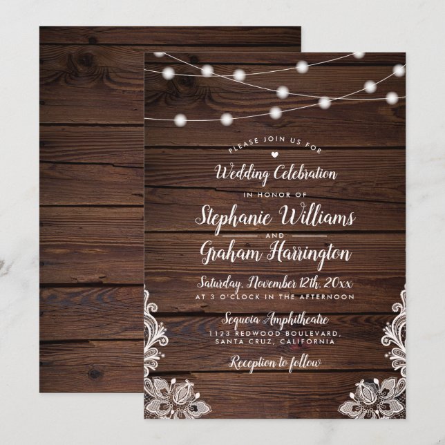 Invitación Boda Rústico de cadenas de guiones de madera (Anverso / Reverso)