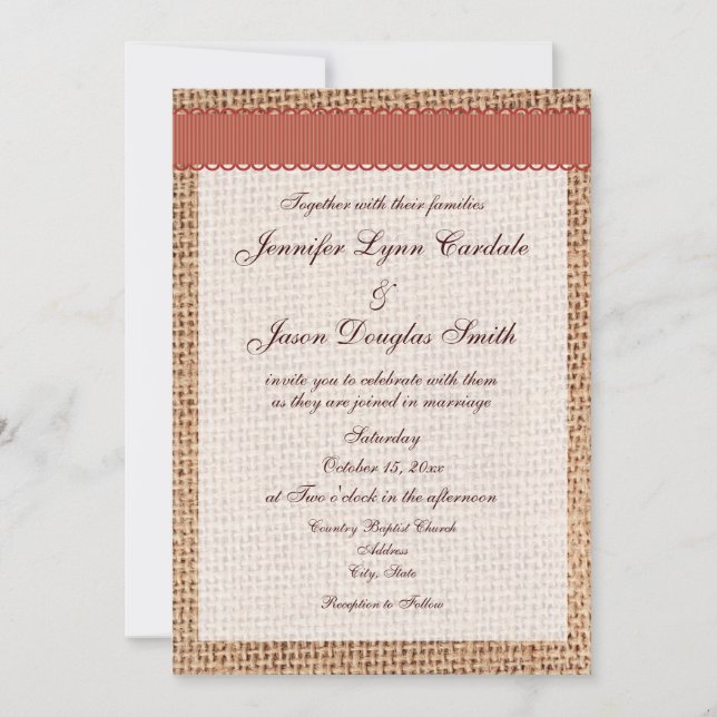 Invitación Boda Rústico de cinta Naranja quemada en burla imp (Anverso)