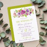 Invitación Boda rústico de color bohemio violeta verde<br><div class="desc">Plantilla rústica y elegante para la invitación a la boda, con un ramo de peonía rosa pastel, violeta, lila y rosa ondulado con un follaje verde salado y helecho y letras modernas de escritura tipográfica. La invitación es apta para la primavera rústica moderna o la primavera de verano de la...</div>