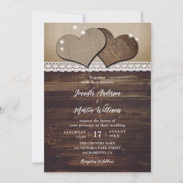 Invitación Boda Rústico de Corazones de Madera Burlap y Lace (Anverso)