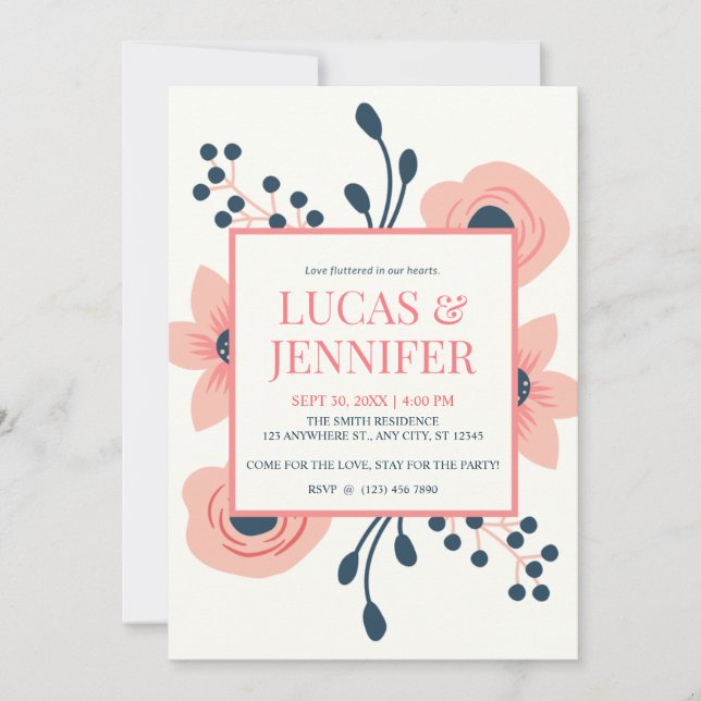 Invitación Boda Rústico de Crema de Peach y Flores Azules (Anverso)