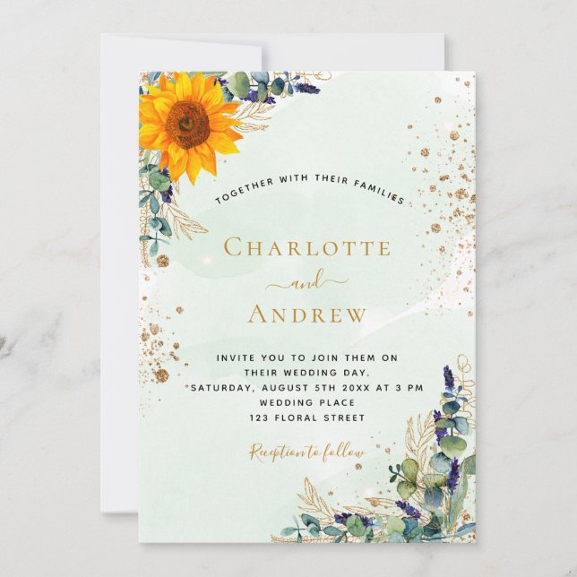 Invitación Boda rústico de eucalipto de girasol (Anverso)