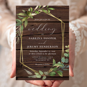 Invitación Boda Rústico de Eucalyptus Wood Gold Frame