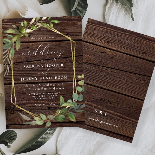 Invitación Boda Rústico de Eucalyptus Wood Gold Frame (Subido por el creador)