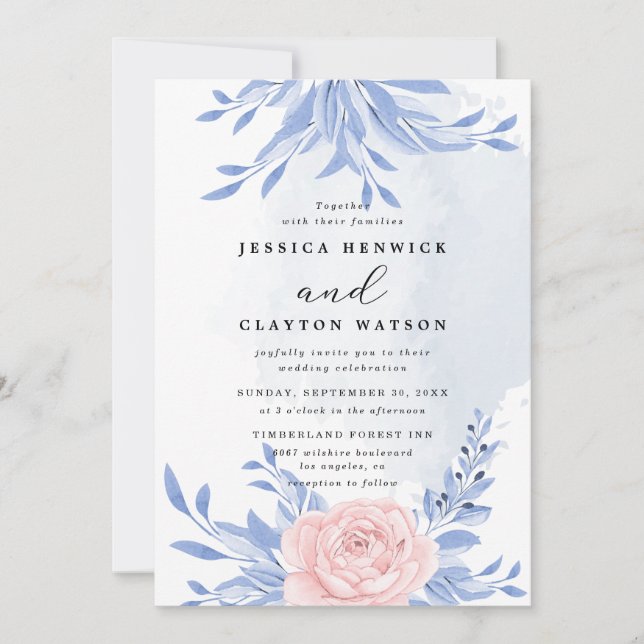 Invitación Boda Rústico De Flor Rosa Elegante Y Azul Dusto (Anverso)