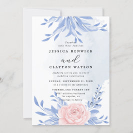 Invitación Boda Rústico De Flor Rosa Elegante Y Azul Dusto
