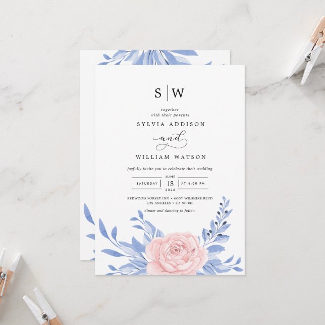 Invitación Boda Rústico De Flor Rosa Elegante Y Azul Dusto (Anverso/Reverso In Situ)