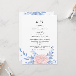 Invitación Boda Rústico De Flor Rosa Elegante Y Azul Dusto