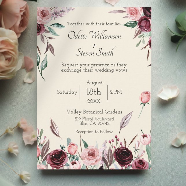 Invitación Boda rústico de flores de crema y borgoña (Cream Wedding Invitation with Burgundy and Blush Pink Watercolor Flowers and script text)