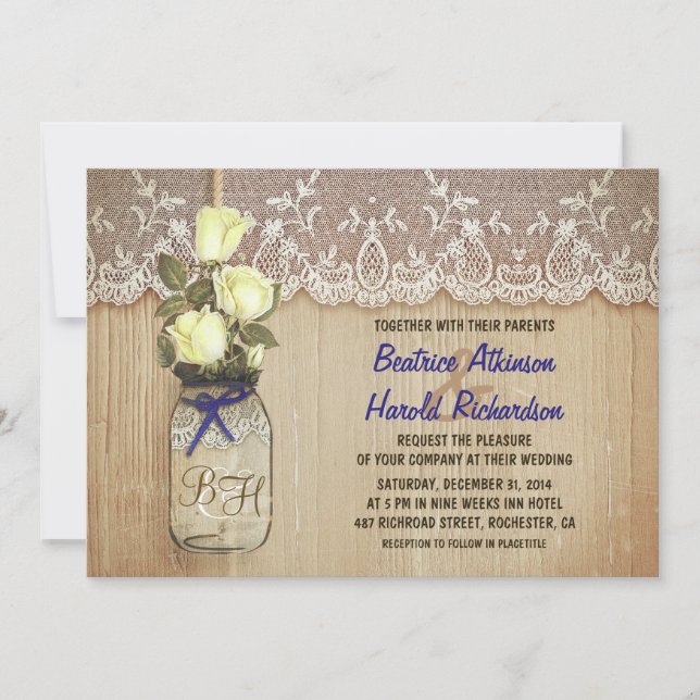 Invitación boda rústico de flores verdes de tarro de masón (Anverso)