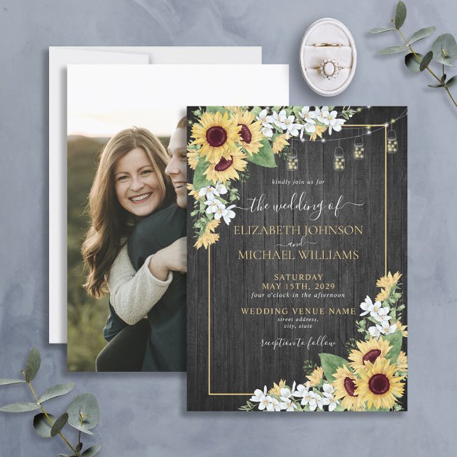 Invitación Boda Rústico de Fotos de Girasol y Madera Floral G (Subido por el creador)
