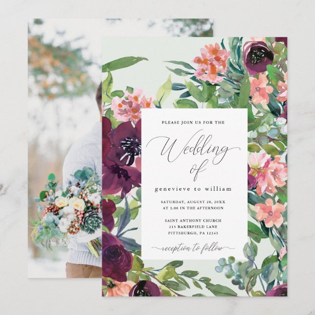 Invitación Boda Rústico de Fotos Florales de Romance (Anverso / Reverso)