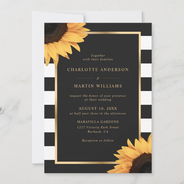 Invitación Boda Rústico de Girasol Blanco y Negro (Anverso)