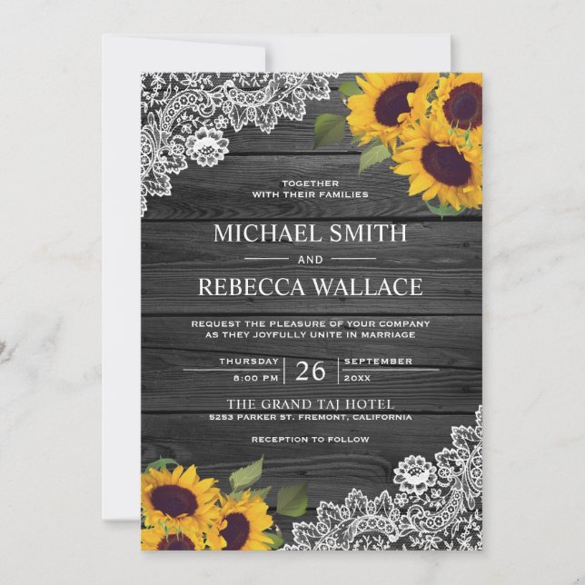Invitación Boda Rústico de girasol de madera gris de carbón v (Anverso)