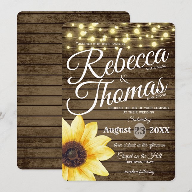 Invitación Boda Rústico de Girasol y Luces (Anverso / Reverso)