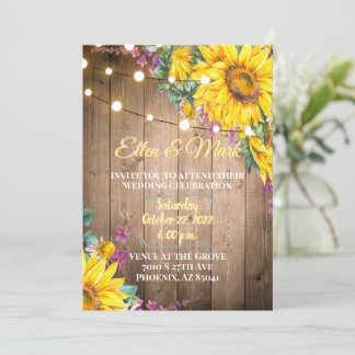 Invitación Boda Rústico de girasoles amarillos y morados