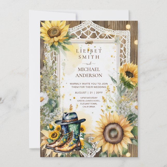 Invitación Boda Rústico de girasoles de Farmhouse (Anverso)