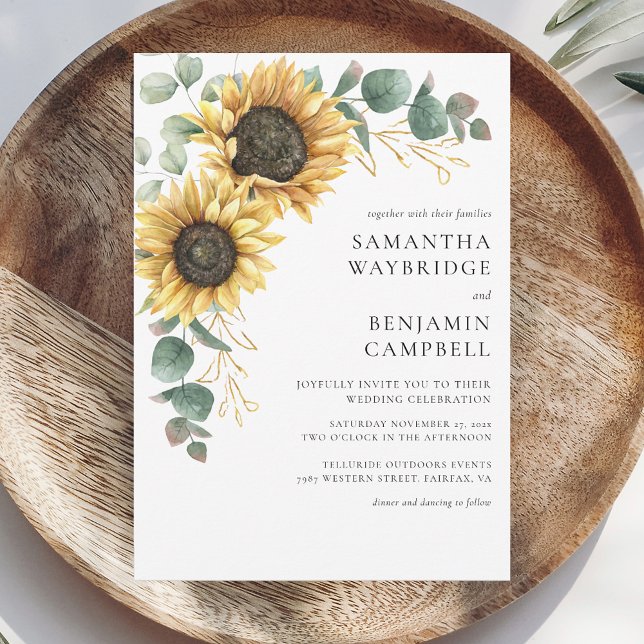 Invitación Boda Rústico de girasoles y eucalipto (Sunflower Eucalyptus Floral Wedding Invitation)