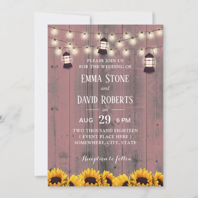 Invitación Boda Rústico de girasoles y farolillos (Anverso)