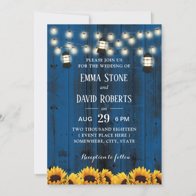 Invitación Boda Rústico de girasoles y farolillos de granero  (Anverso)