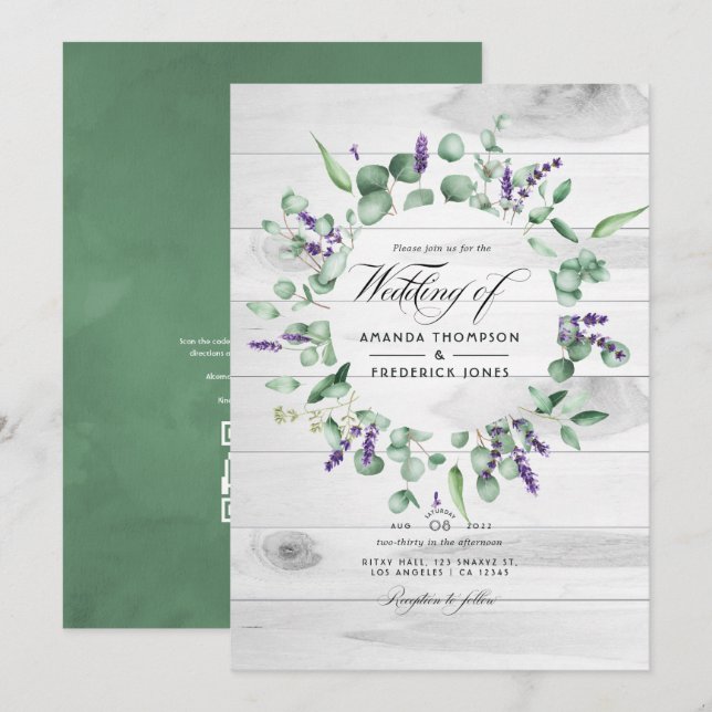 Invitación Boda rústico de granero de Eucalyptus Lavender (Anverso / Reverso)