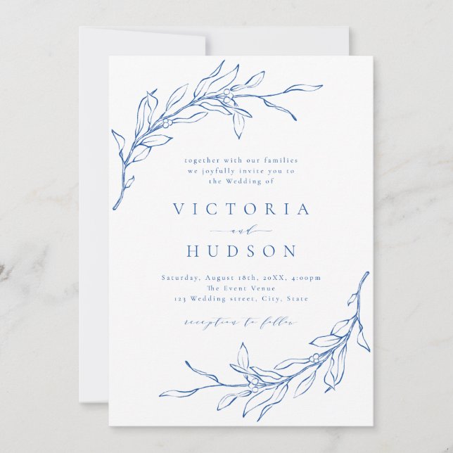 Invitación Boda rústico de guirnalda azul simple (Anverso)