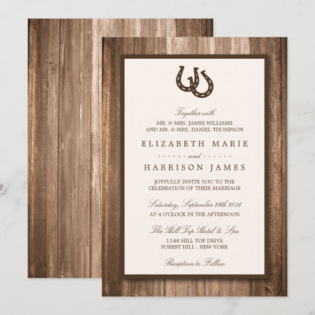 Invitación Boda Rústico de Herradura y Madera Marrón (Anverso / Reverso)