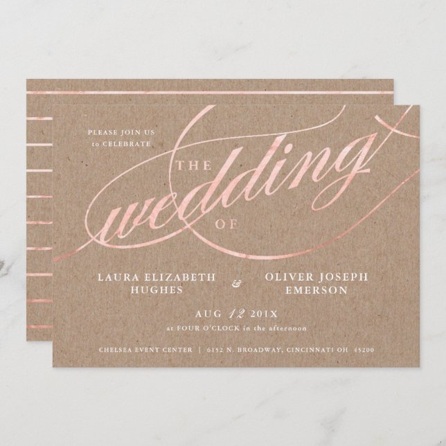 Invitación Boda Rústico de Kraft y Rosa Gold Script (Anverso / Reverso)