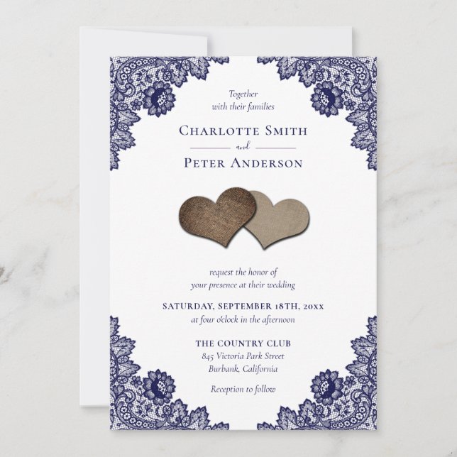 Invitación Boda Rústico de la Armada Azul Burlap y Lace (Anverso)