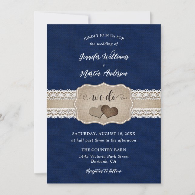 Invitación Boda Rústico de la Armada Azul Burlap y Lace (Anverso)