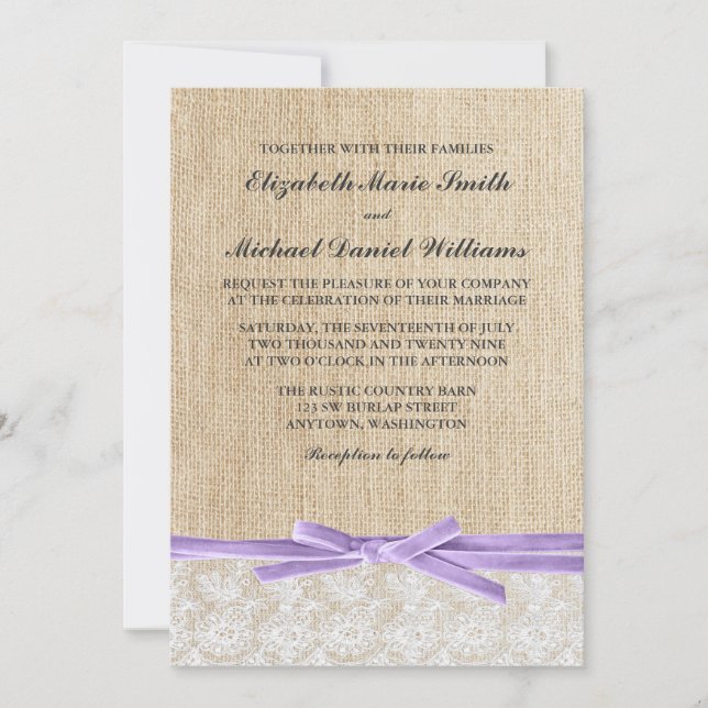 Invitación Boda Rústico De La Cinta De Lavanda De Lágrimas (Anverso)