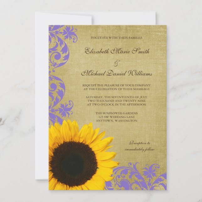 Invitación Boda Rústico De La Lavanda De Girasol (Anverso)