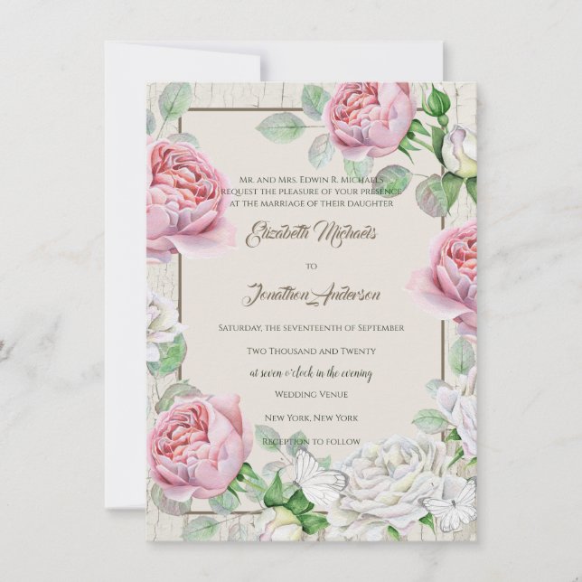Invitación Boda Rústico de la Madera Blanca y las rosas rosad (Anverso)