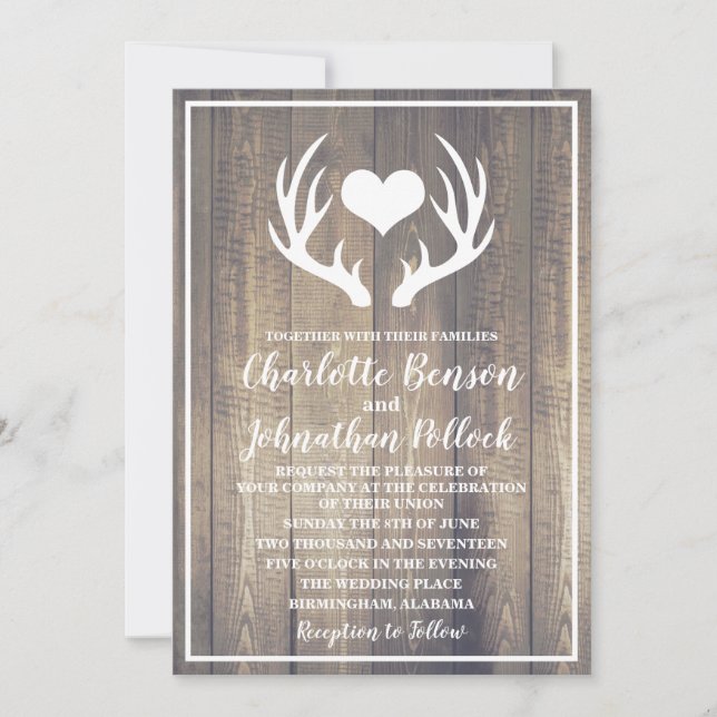 Invitación Boda Rústico de la Madera de Barn y los Antlers de (Anverso)