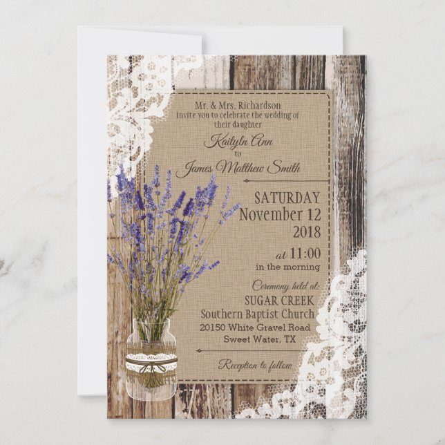Invitación Boda Rústico de la madera de lavanda (Anverso)