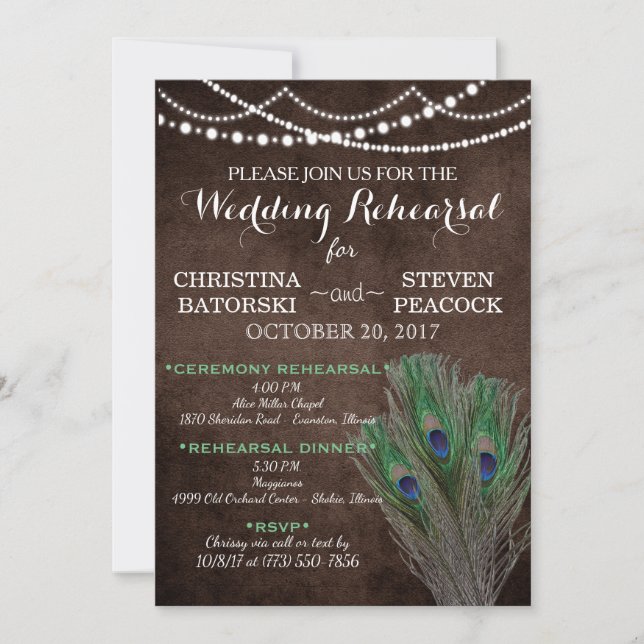 Invitación Boda Rústico de la Madera del País Boho Peacock (Anverso)