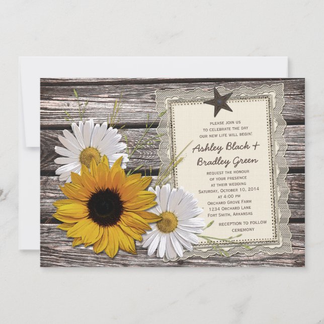 Invitación Boda Rústico De La Madera Del Sunflower Daisy Lace (Anverso)