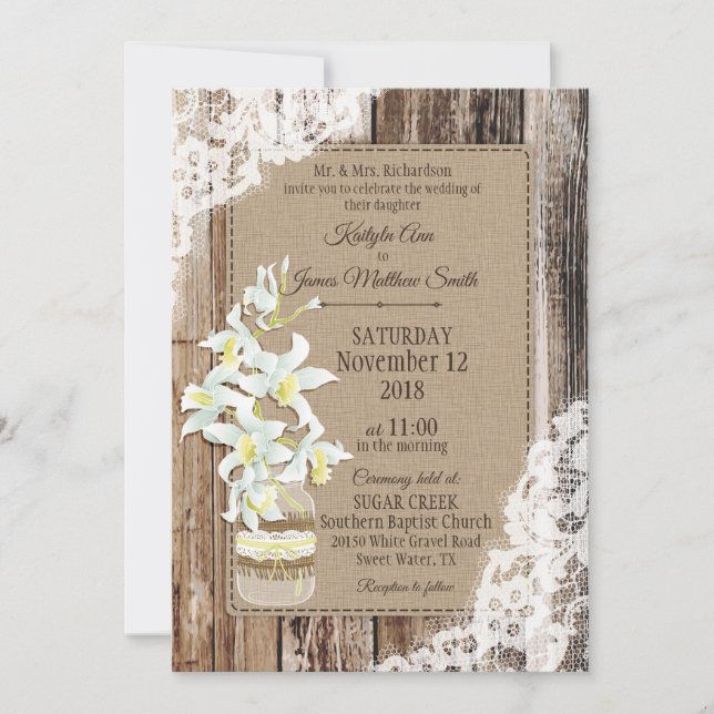 Invitación Boda Rústico de la Madera Orquídea Blanca (Anverso)