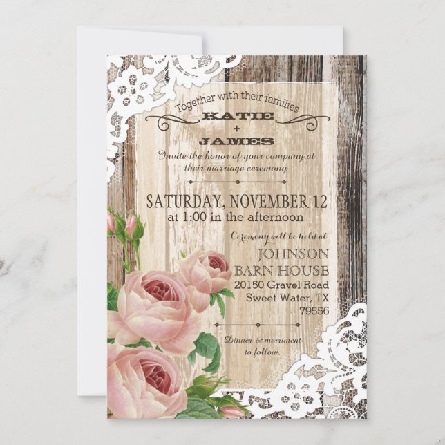 Invitación Boda Rústico de la madera y Rosas (Anverso)
