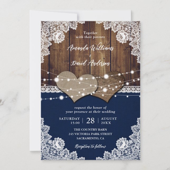 Invitación Boda Rústico de la Marina Azul Barn de madera Burl (Anverso)