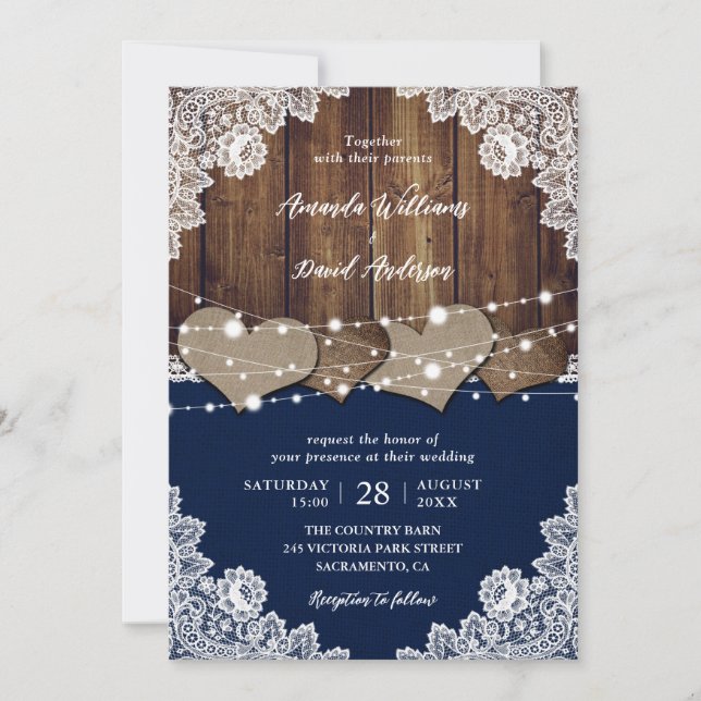 Invitación Boda Rústico de la Marina Azul Barn de madera Burl (Anverso)
