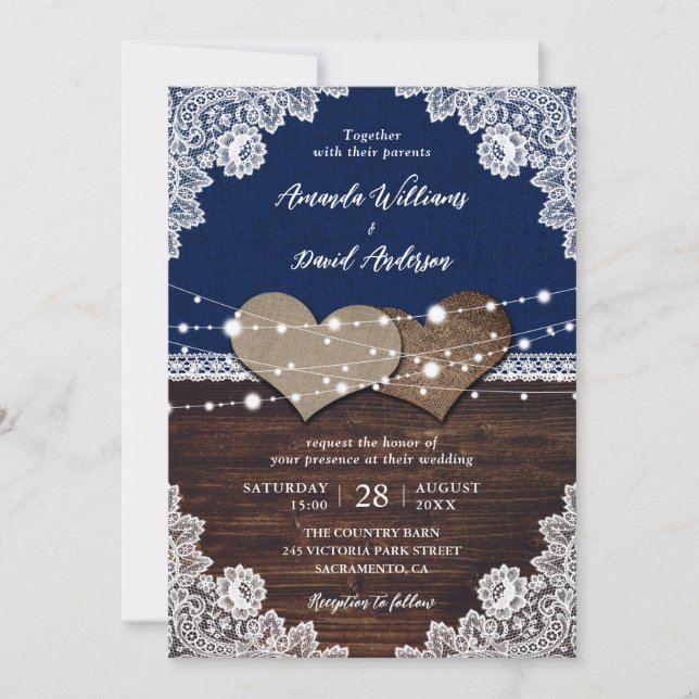 Invitación Boda Rústico de la Marina Azul de la Madera Azul B (Anverso)
