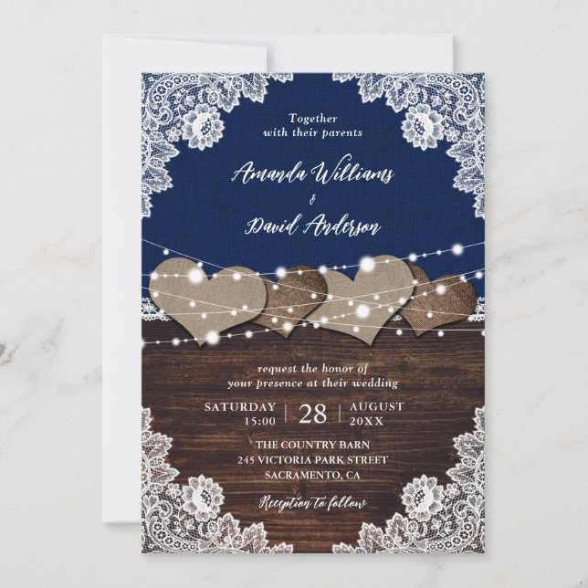 Invitación Boda Rústico de la Marina Azul de la Madera Azul B (Anverso)