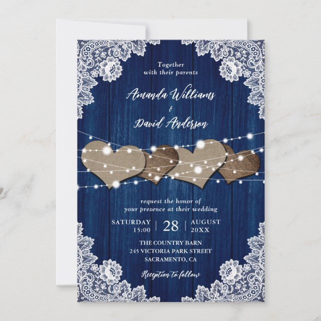 Invitación Boda Rústico de la Marina Azul de la Madera Azul B (Anverso)