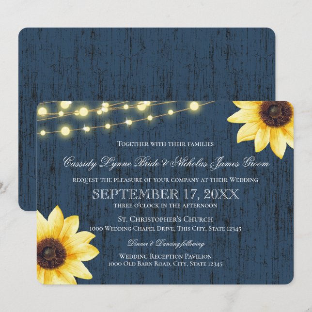 Invitación Boda Rústico de la Marina Azul Girasol y enciende (Anverso / Reverso)