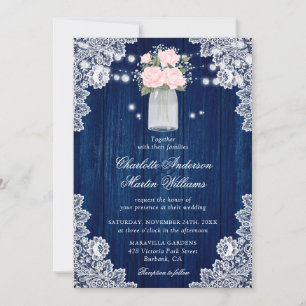 Invitación Boda Rústico de la Marina Azul Rubor Wood Lace